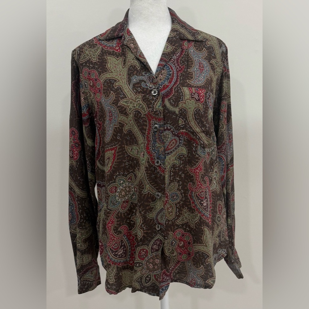 Vintage Evan Picone Silk Blouse Womens Size 4 Paisley Print Button Up Top